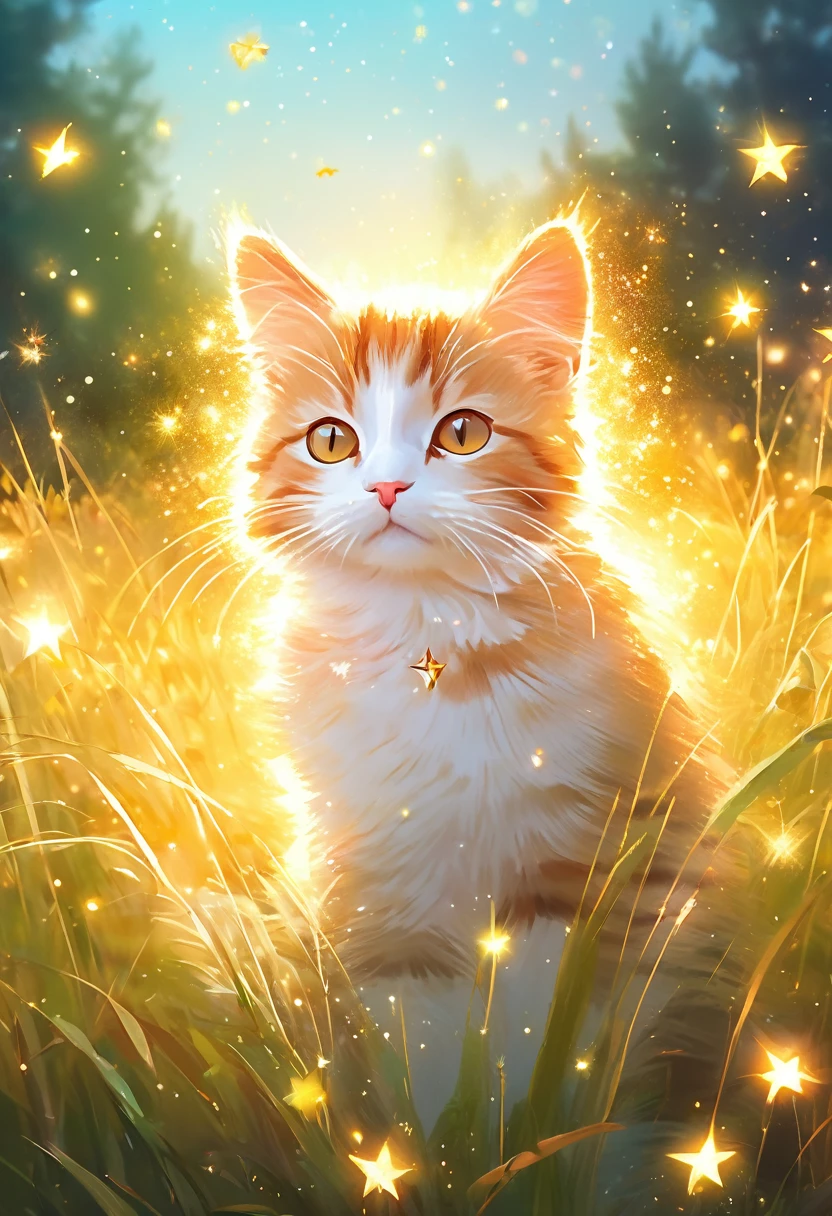  gold light particles effect,Colorful bright sky, cat sitting in a field surrounded by tall grass, pastel painting style, ((airy light effect: 1.5)), bright atmospheric forest image, Star Art Group (Star Star)