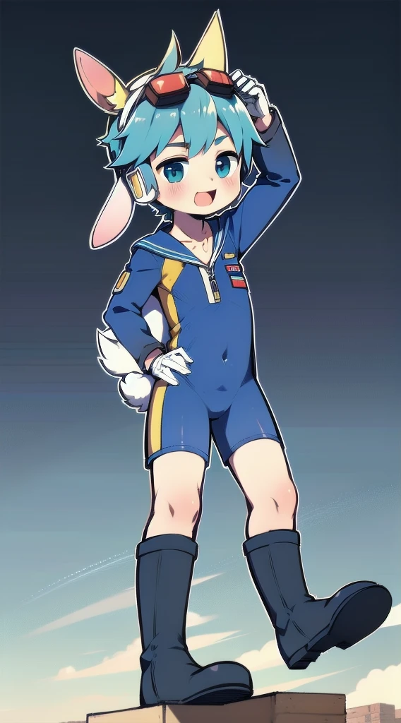 2D Boy Shota,One-piece mountaineering suit,Slim, healthy body,Put the headphones on your head,stand up,goggles,Rabbit ears,happy,Sailor collar,tie,Zipper pulled down,boots