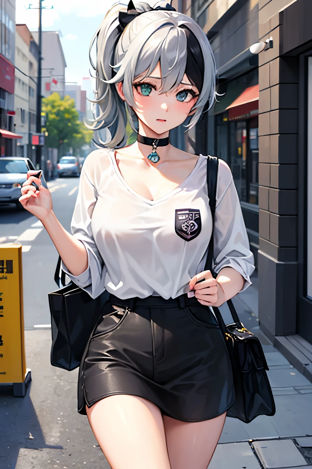 masterpiece , Highest quality,Nahida(Genshin Impact), One girl , White shirt:1.5 ,Side Ponytail ,Gray Hair ,Multicolored Hair, Green Eyes,Casual clothing , Have , Black Choker, bag , Green Hair,Busy roads , City life