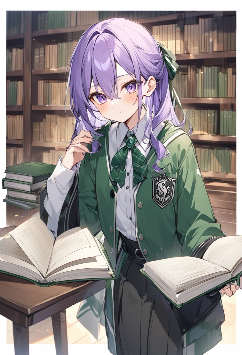 Keito。Purple Eyes。Purple Hair。Slytherin House。library。1 person。