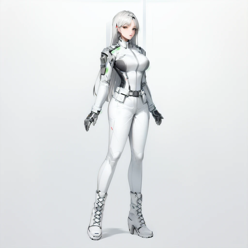 Enhance render style, female white uniform, grey color scheme, monochrome
