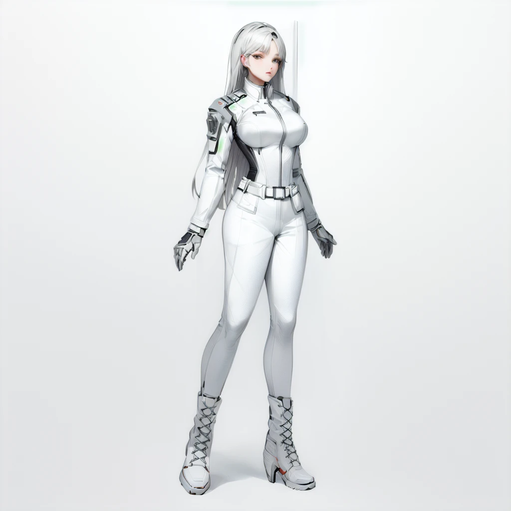 Enhance render style, female white uniform, grey color scheme, monochrome