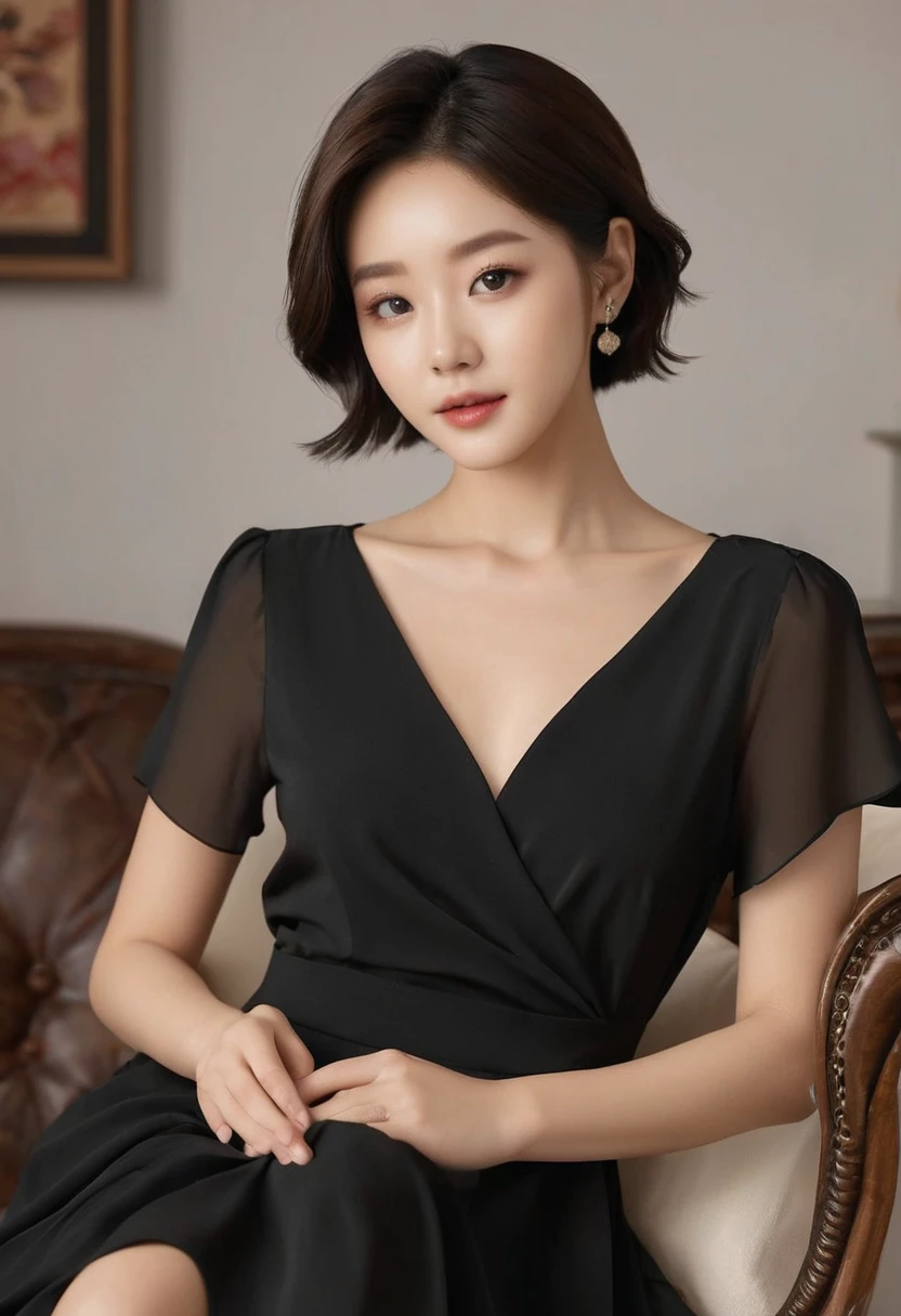 Modest woman wearing a comfortable black dress, living room , chest B cup, Inspired by Jiwon Kim, jiyun chae, inspired by Russell Lu Dongjun, Song inspired by Gao Qipei, by Russell Lu Dongjun, Inspired by Shin Min-jeong., /Short hair, A modest and elegant woman,