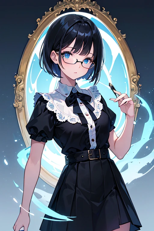 ((Highest quality)), ((masterpiece)), (Familiar), Illustration Style,Perfect Face,1 Girl,Black Hair,Short Hair,Glowing Skin,big, Bright Blue Eyes,Beautiful Bangs,Small breasts,Super Beauty,woman,16 years old,White blouse,Black Skirt,,Glasses,Beautiful clothes,