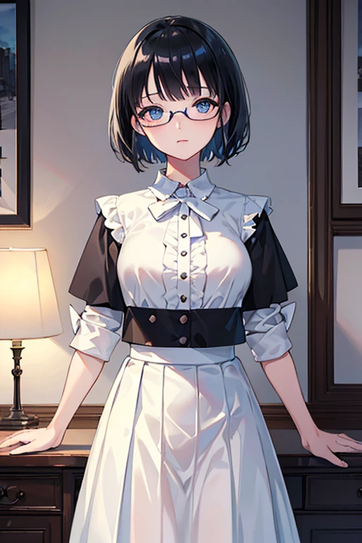 ((Highest quality)), ((masterpiece)), (Familiar), Illustration Style,Perfect Face,1 Girl,Black Hair,Short Hair,Glowing Skin,big, Bright Blue Eyes,Beautiful Bangs,Small breasts,Super Beauty,woman,16 years old,White blouse,Black Skirt,,Glasses,Beautiful clothes,
