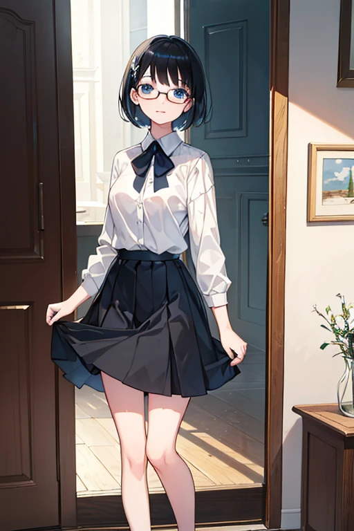 ((Highest quality)), ((masterpiece)), (Familiar), Illustration Style,Perfect Face,1 Girl,Black Hair,Short Hair,Glowing Skin,big, Bright Blue Eyes,Beautiful Bangs,Small breasts,Super Beauty,woman,,White blouse,Black Skirt,,Glasses,Beautiful clothes,