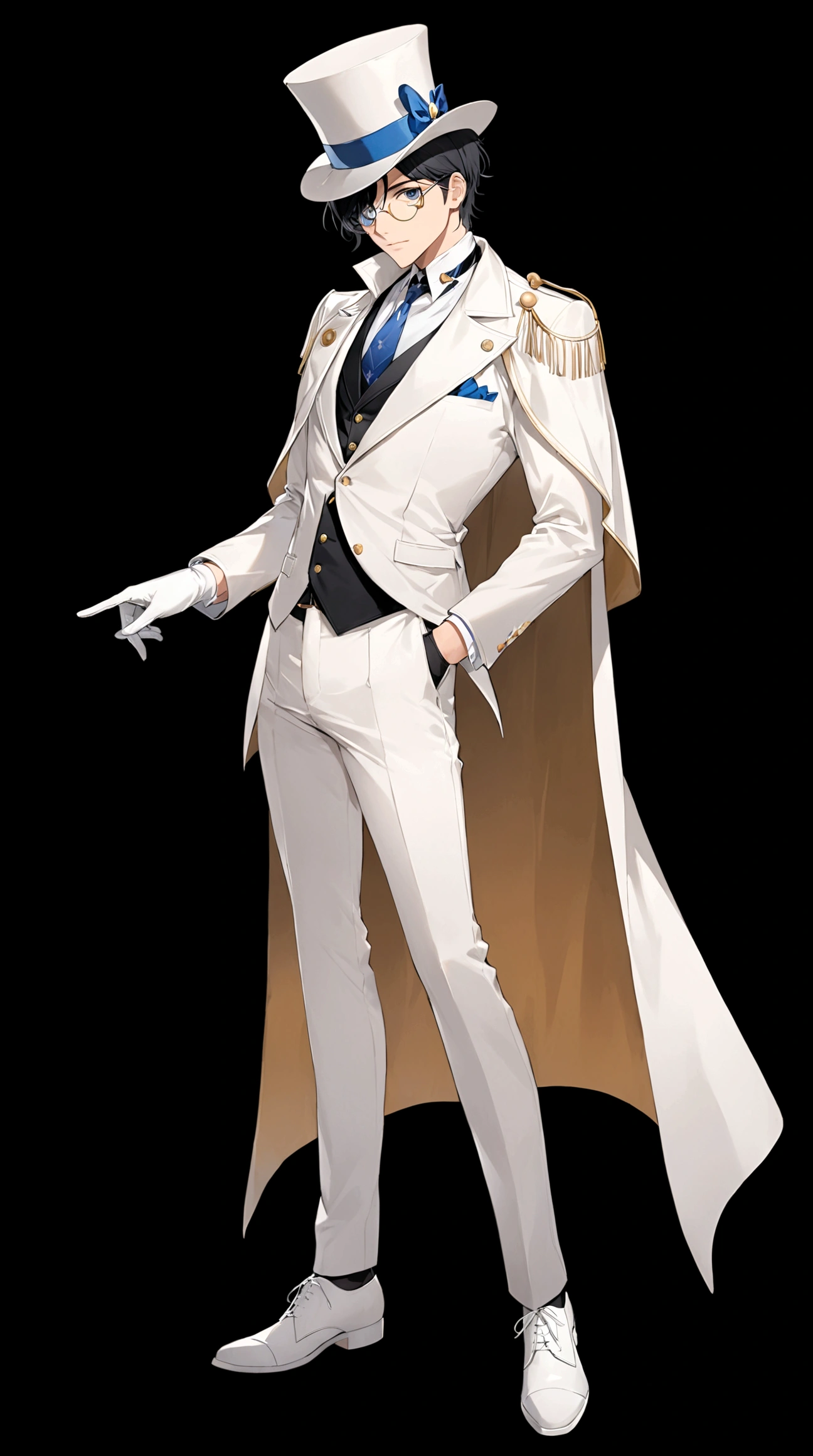 solo, simple background, black hair, shirt, black hair, gloves, long sleeves, 1boy, hat, standing, jacket, full body, male focus, necktie, pants, white gloves, cape, white headwear, formal, white footwear, suit, black background, top hat, white pants, white cape, monocle, white suit,