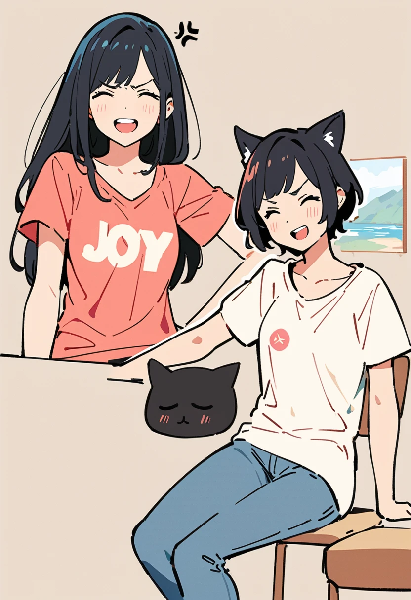 (Thick painting style),Thick line drawing, ((masterpiece,)),(((Highest quality))),(sketch),((Adult women in their 20s)),Short black hair,Black cat ears,T-Shirts,jeans,(((Joy, anger, sorrow, and happiness,Character Portrait,Full Art)))