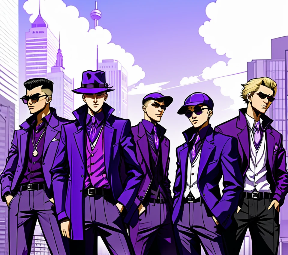 The Purple gang of Detroit in anime style. Modern polish Americans, modern Detroit fashion, polish, wearing purple, manga style 