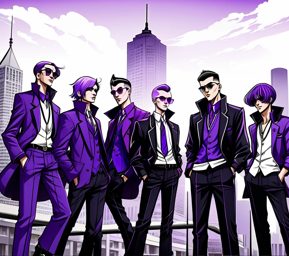 The Purple gang of Detroit in anime style. Modern polish Americans, modern Detroit fashion, polish, wearing purple, manga style 