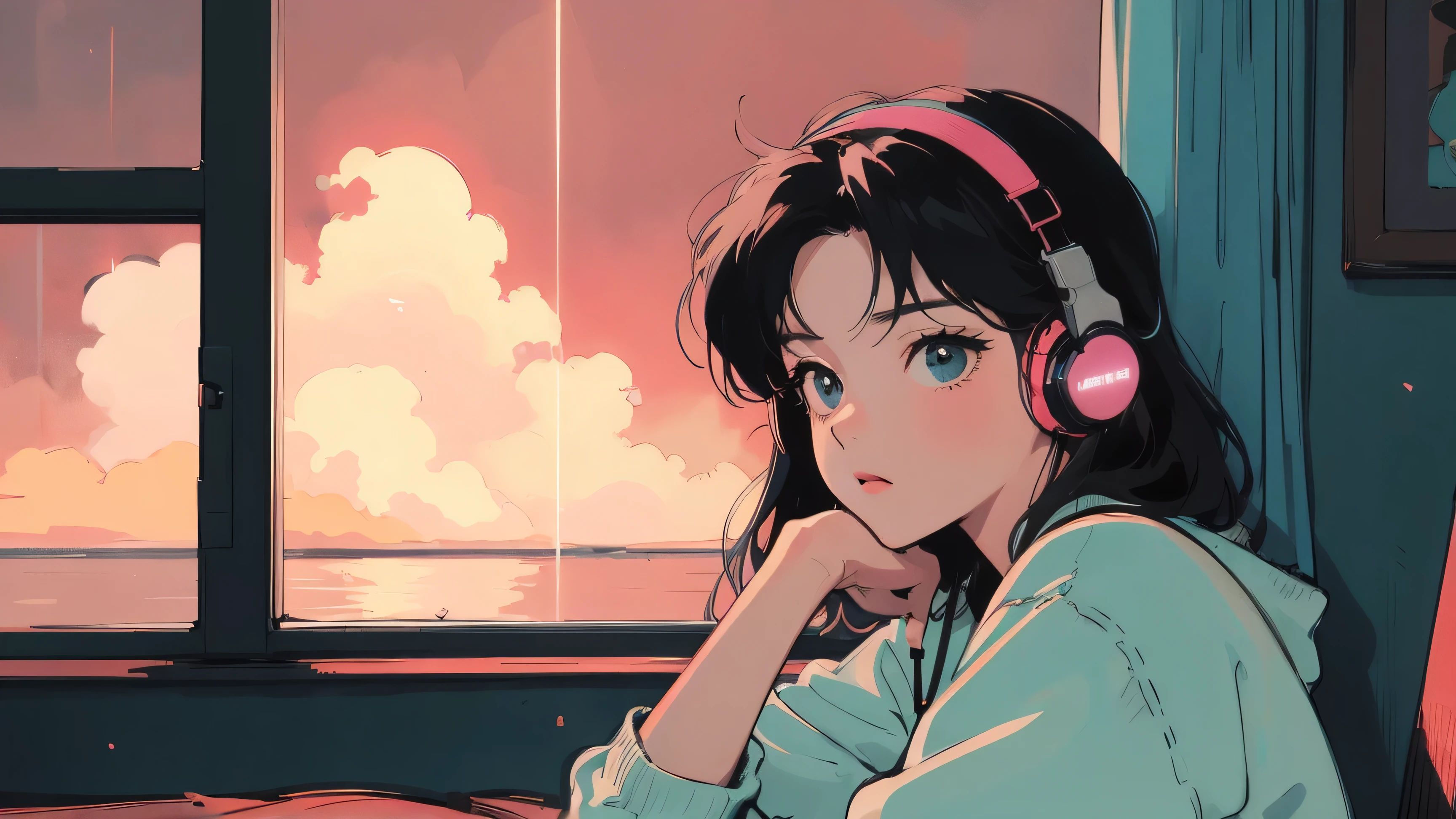 アニメ girl sitting on floor looking out window at city, アニメ aesthetic, アニメ vibes, lofi artstyle, Lo-fi portrait by the window, Watching the Sunset. アニメ, Lofty Girl, アニメ art wallpaper 4 k, アニメ art wallpaper 4k, アニメ art wallpaper 8 k, アニメ background art, Lofi Color, Lofi Art, アニメ asthetic,masterpiece, Highest quality, Rainbow Style, アニメ, Beautiful Asian Girl, Along the Hawaiian Coast, Cute and dreamy,アニメ,Illustrator,LOFI Girl, Blues,landscape,Sunset, night、Girl listening to music in a cozy room, Use headphones, 2D Style Anime, Rain outside the window、Analog Color Theme、Ghibli style
