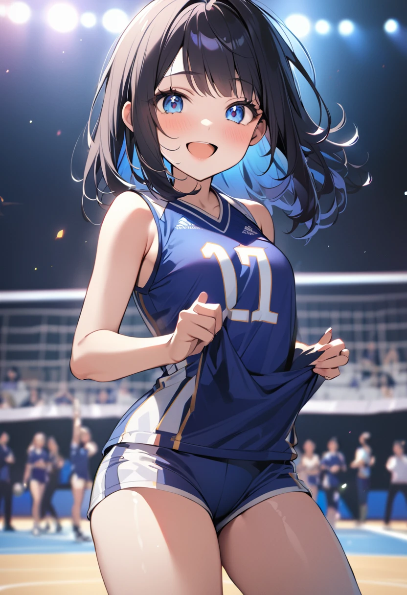 BREAK 1girl, long hair, black hair, straight hair, short bangs above brows, blue eyes, joyful, happy, open mouth,
BREAK (masterpiece), (high resolution 8K), cinematic lighting, professional lighting, very cute, detailed eyes and face, detailed body, 
BREAK Volleyball player, Volleyball uniform, ((Volleyball court))