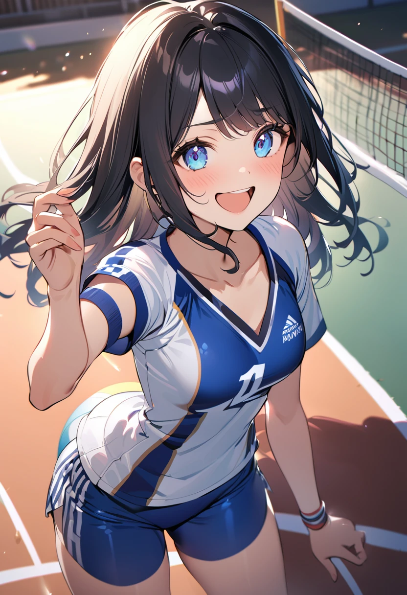 BREAK 1girl, long hair, black hair, straight hair, short bangs above brows, blue eyes, joyful, happy, open mouth,
BREAK (masterpiece), (high resolution 8K), cinematic lighting, professional lighting, very cute, detailed eyes and face, detailed body,
BREAK Volleyball player, Volleyball uniform, ((Volleyball court))