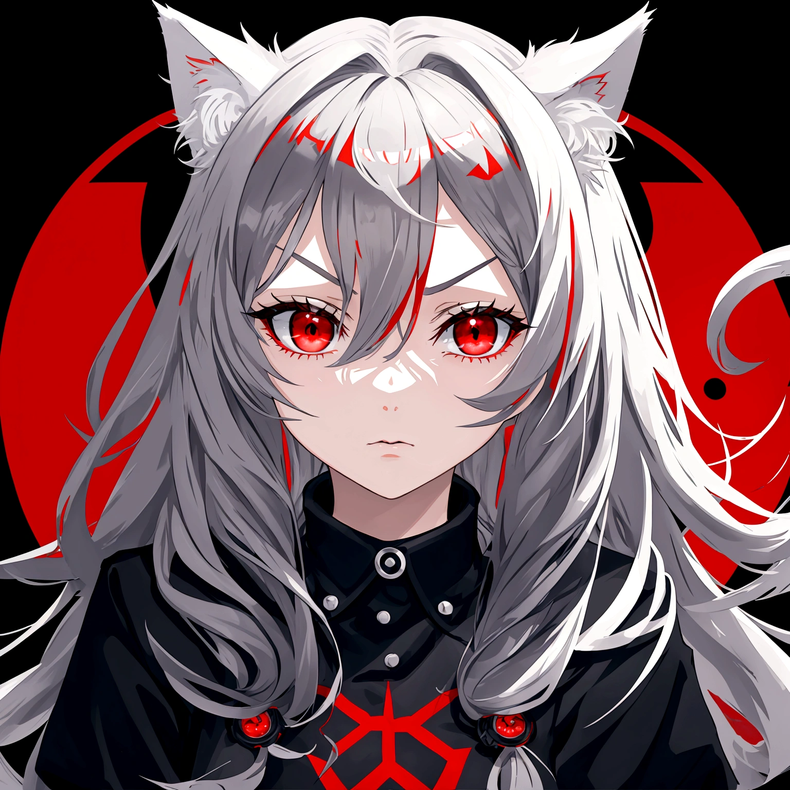 1 girl, beautiful face, cool, intimidation, red eye, long hair, gray hair, cat ear, black jacket, red t-shirt, nature place