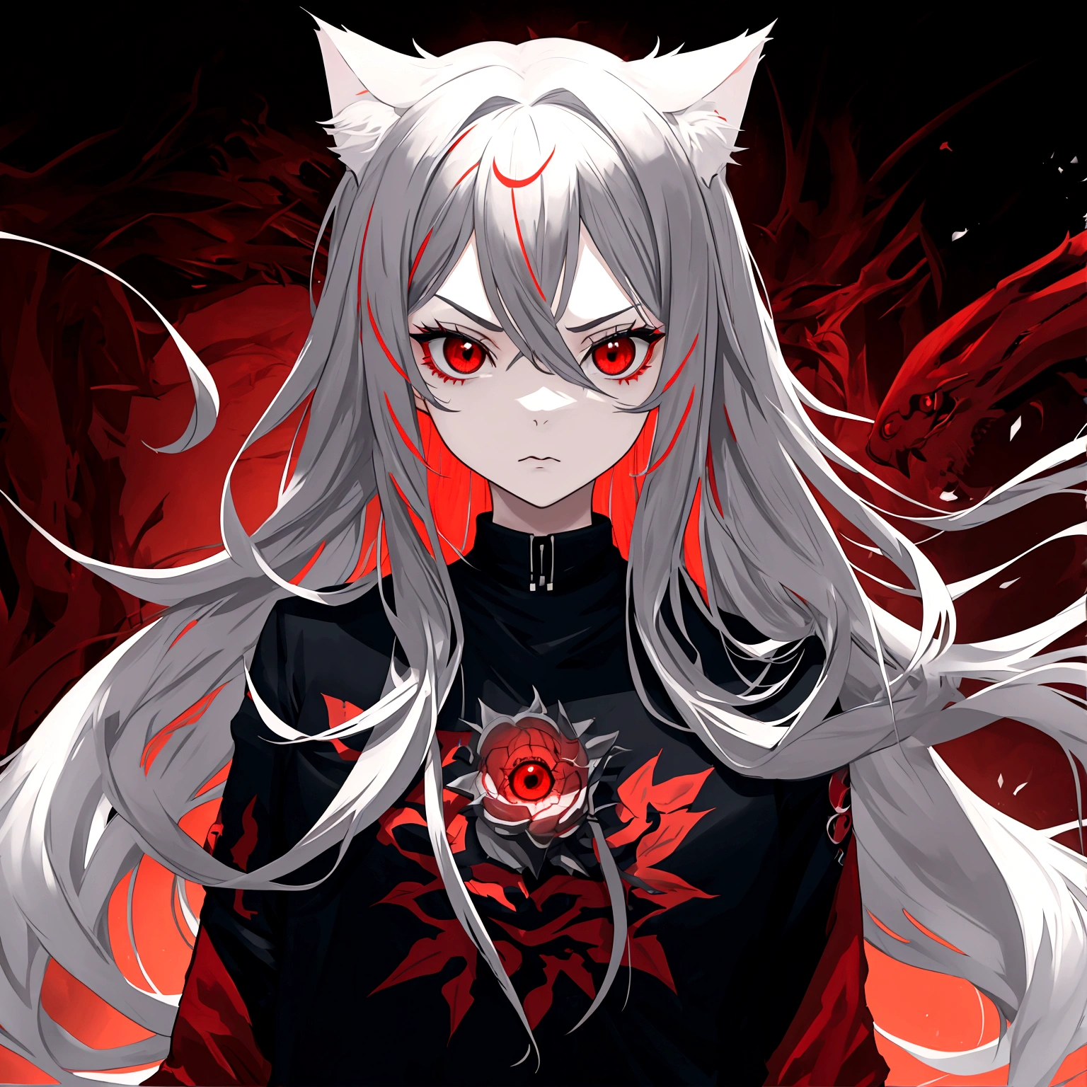 1 girl, beautiful face, cool, intimidation, red eye, long hair, gray hair, cat ear, black jacket, red t-shirt, nature place
