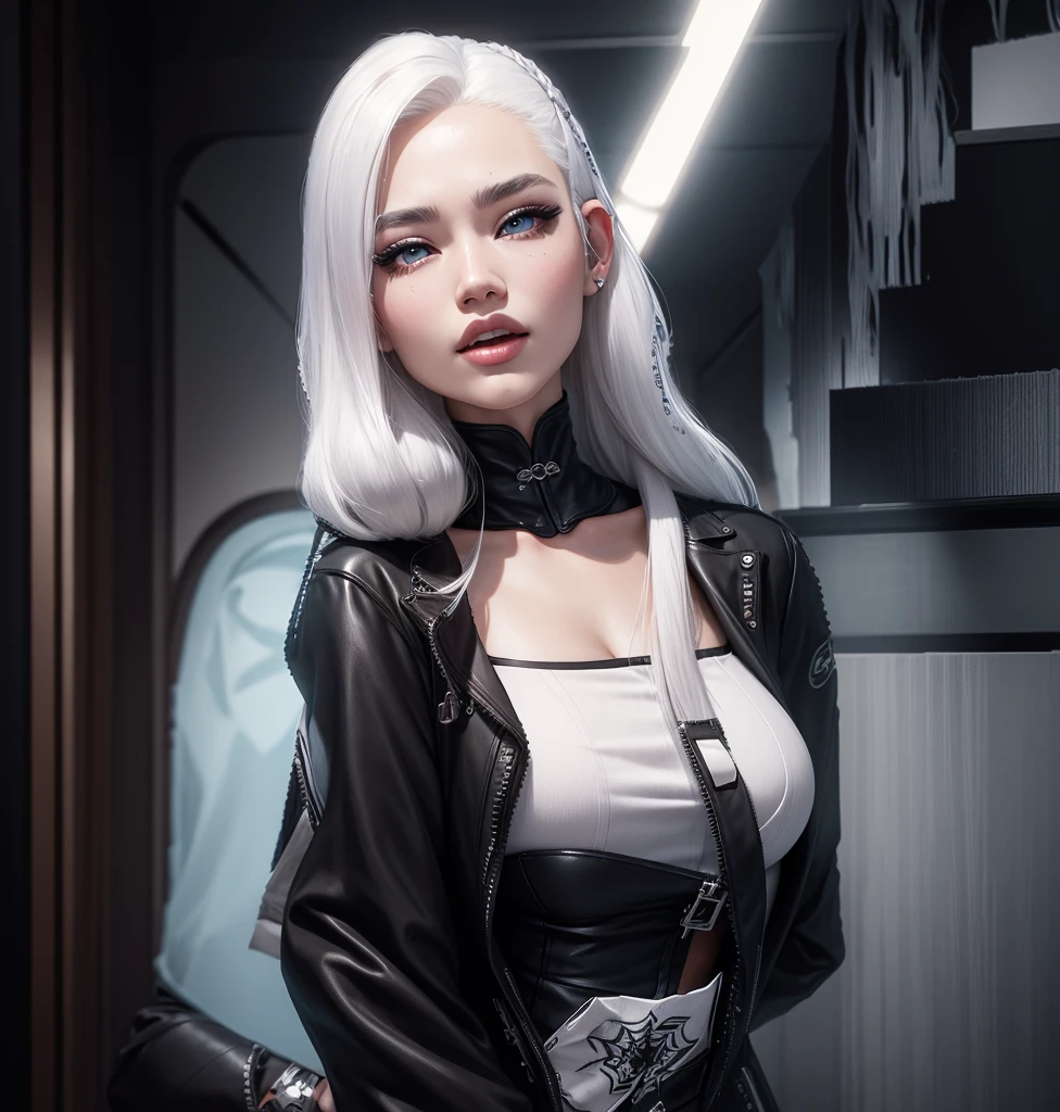 AVATAR SECOND LIFE Korean girl jacket , asiática White hair, White hair, White hair, Perfect and detailed face, imvu, maximalist details, AVATAR SECOND LIFE Korean blouse and pants , neon, White hair, jeans