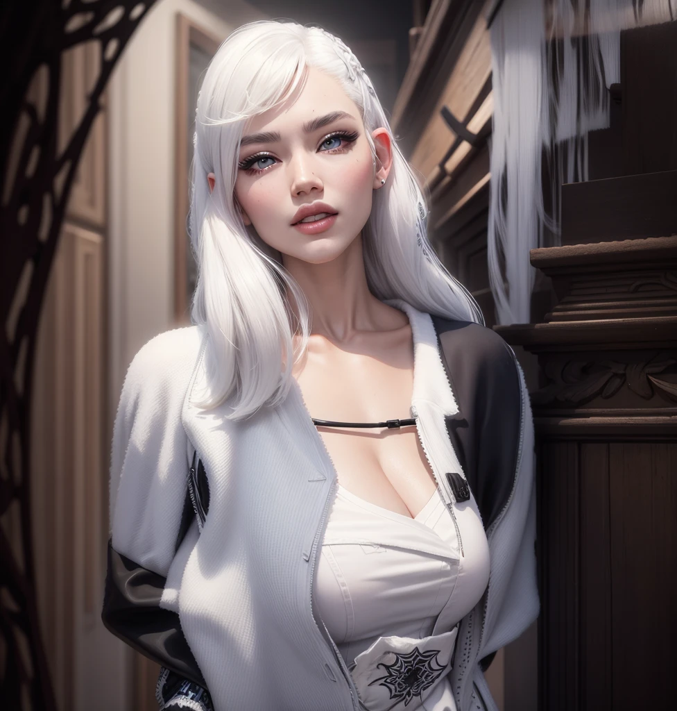 AVATAR SECOND LIFE Korean girl jacket , asiática White hair, White hair, White hair, Perfect and detailed face, imvu, maximalist details, AVATAR SECOND LIFE Korean blouse and pants , neon, White hair, jeans