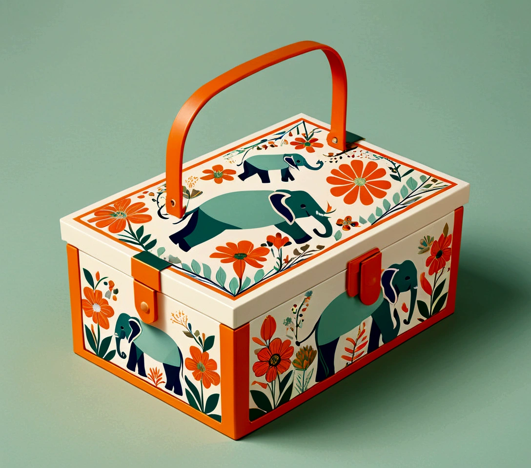 Beautifully designed flat rectangular box，With handle, With carrying handle, Imperial Grid, Blooming Flowers, printing a Lovely little elephant, Geometric lines, The Minimalists, Modern, High-end, Lovely, Color blocking, Floral Pattern, Orange and green, illustration, cartoon, Geometric style, Exquisite and detailed, Flat color vector design style,...