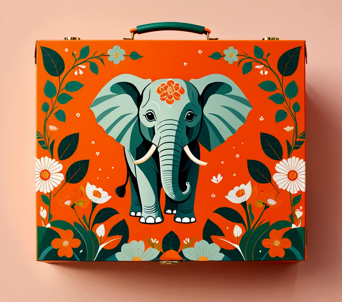 Beautifully designed flat rectangular box，With handle, With carrying handle, Imperial Grid, Blooming Flowers, printing a Lovely little elephant, Geometric lines, The Minimalists, Modern, High-end, Lovely, Color blocking, Floral Pattern, Orange and green, illustration, cartoon, Geometric style, Exquisite and detailed, Flat color vector design style,...