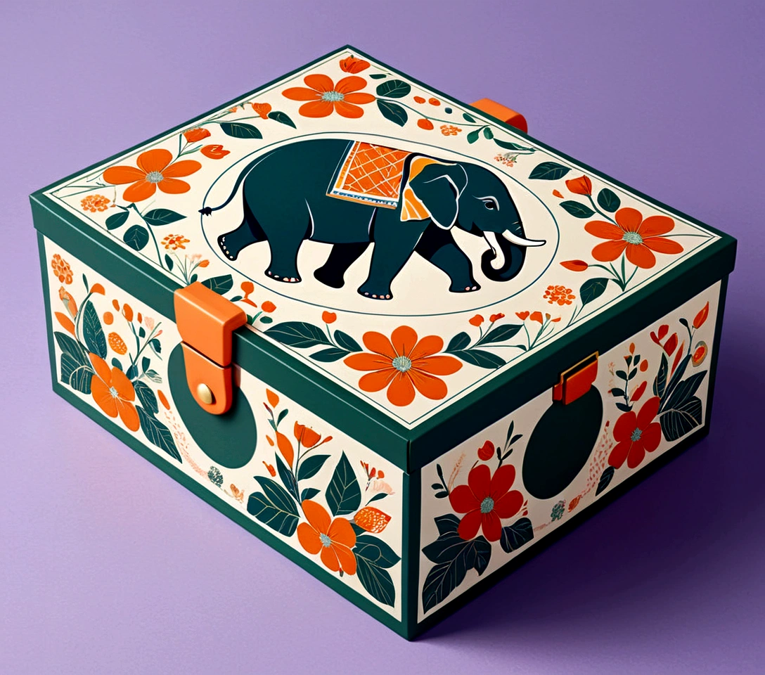 Beautifully designed flat rectangular box，With handle, With carrying handle, Imperial Grid, Blooming Flowers, printing a Lovely little elephant, Geometric lines, The Minimalists, Modern, High-end, Lovely, Color blocking, Floral Pattern, Orange and green, illustration, cartoon, Geometric style, Exquisite and detailed, Flat color vector design style,...