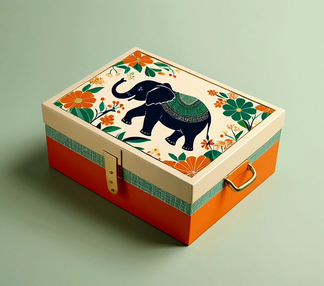 Beautifully designed flat rectangular box,With handle, With carrying handle, Imperial Grid, Blooming Flowers, printing a Lovely little elephant, Geometric lines, The Minimalists, Modern, High-end, Lovely, Color blocking, Floral Pattern, Orange and green, illustration, cartoon, Geometric style, Exquisite and detailed, Flat color vector design style,...