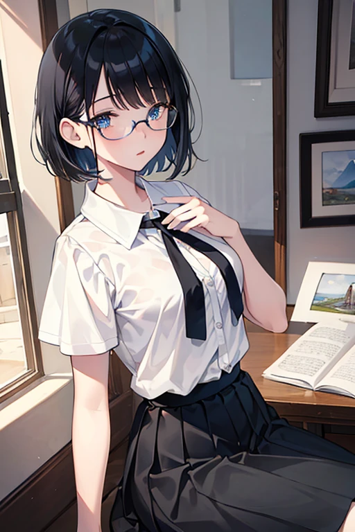 ((Highest quality)), ((masterpiece)), (Familiar), Illustration Style,Perfect Face,1 Girl,Black Hair,Short Hair,Glowing Skin,big, Bright Blue Eyes,Beautiful Bangs,Small breasts,Super Beauty,woman,16 years old,White blouse,Black Skirt,,Glasses,Beautiful clothes,