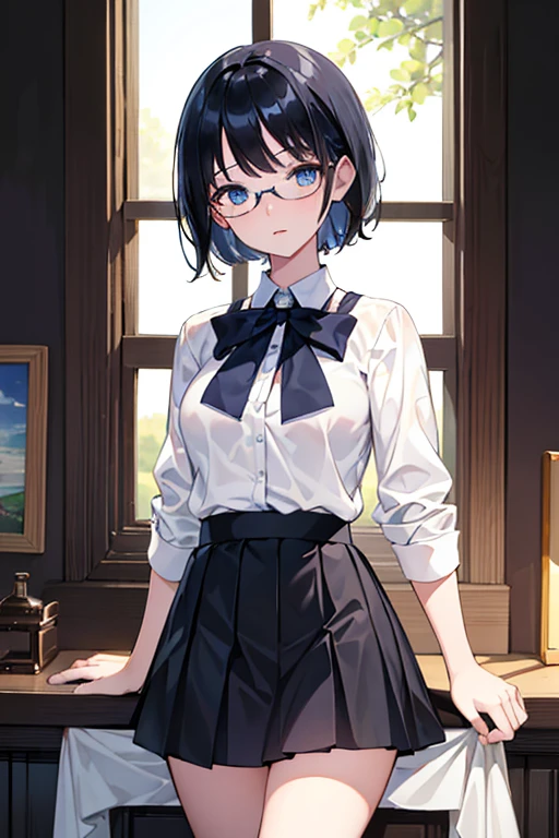 ((Highest quality)), ((masterpiece)), (Familiar), Illustration Style,Perfect Face,1 Girl,Black Hair,Short Hair,Glowing Skin,big, Bright Blue Eyes,Beautiful Bangs,Small breasts,Super Beauty,woman,,White blouse,Black Skirt,,Glasses,Beautiful clothes,