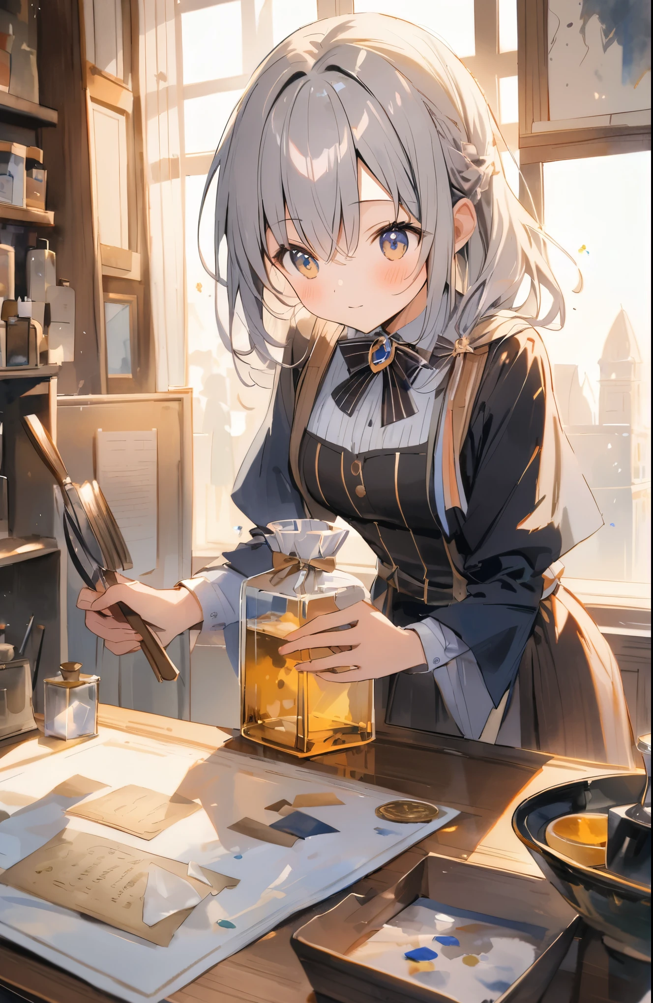 absurdres,watercolor,oil,超High resolution, Attention to detail, high quality, High resolution, 最high quality, 4K, 8K, Awards, (artwork)、Magical goods store clerk、Otherworldly fantasy、Lean forward against the counter、cute、18-year-old、(Another World Clerk's costume:1.37)、hair ornaments,The cat is sitting on the counter