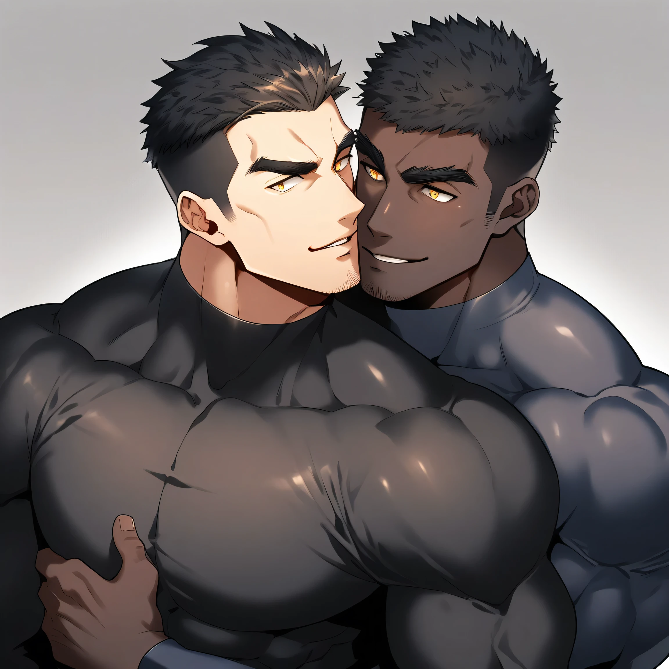 anime characters：Two superheroes in tights, Muscle superhero, negro black skin, They hugged and kissed each other, Bite your neck, Caress, Manliness, male focus, Yellow and black high collar long sleeve tight T-shirt, Slightly transparent material, Very tight, Round, full and perky chest muscles, Male dog waist, Slightly transparent, muscular male, muscular, only, Upper body, alone, Black short hair, Thick eyebrows, stubble, Yellow eyes, Grey background, simple background, amazing quality, best aesthetics, Ridiculous, bright pupils, crew cut, parted lips, seductive smile, torogao, naughty face, drop shadow, best quality