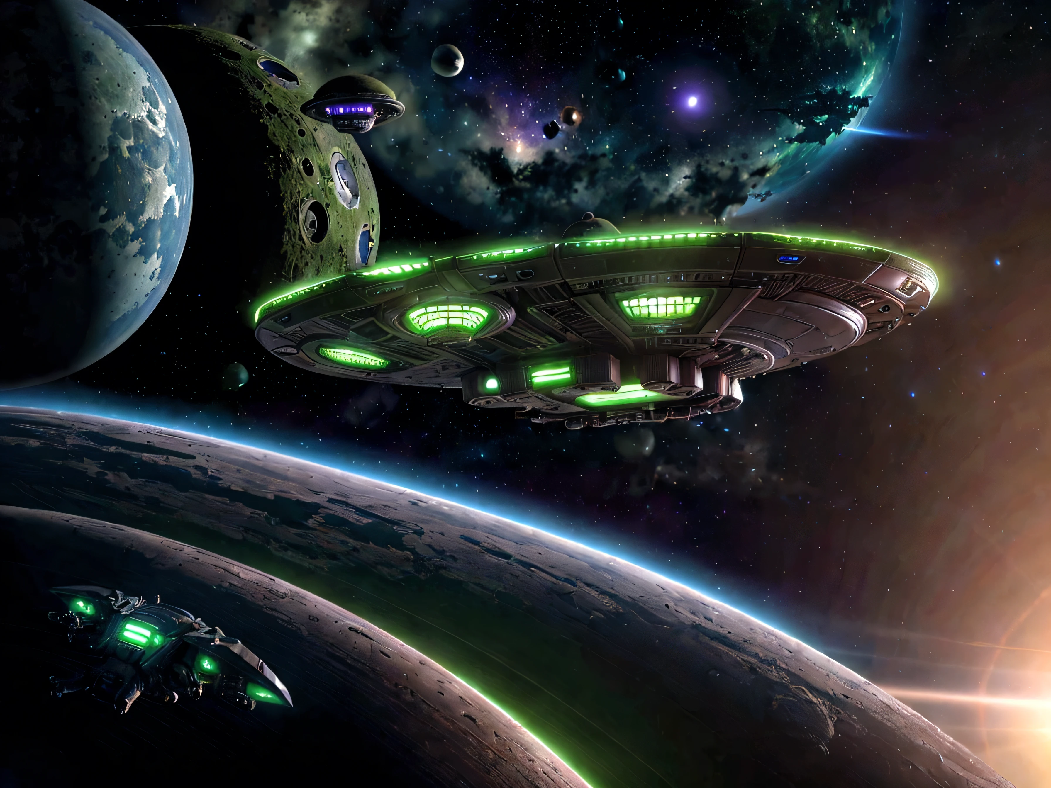 a large alien spacecraft, approaching a lush, verdant planet, detailed view of the back of the ship, advanced technology, glowing engines, sleek design, dramatic lighting, vibrant colors, cinematic composition, epic scale, photorealistic, highly detailed, 8k, award-winning, concept art style