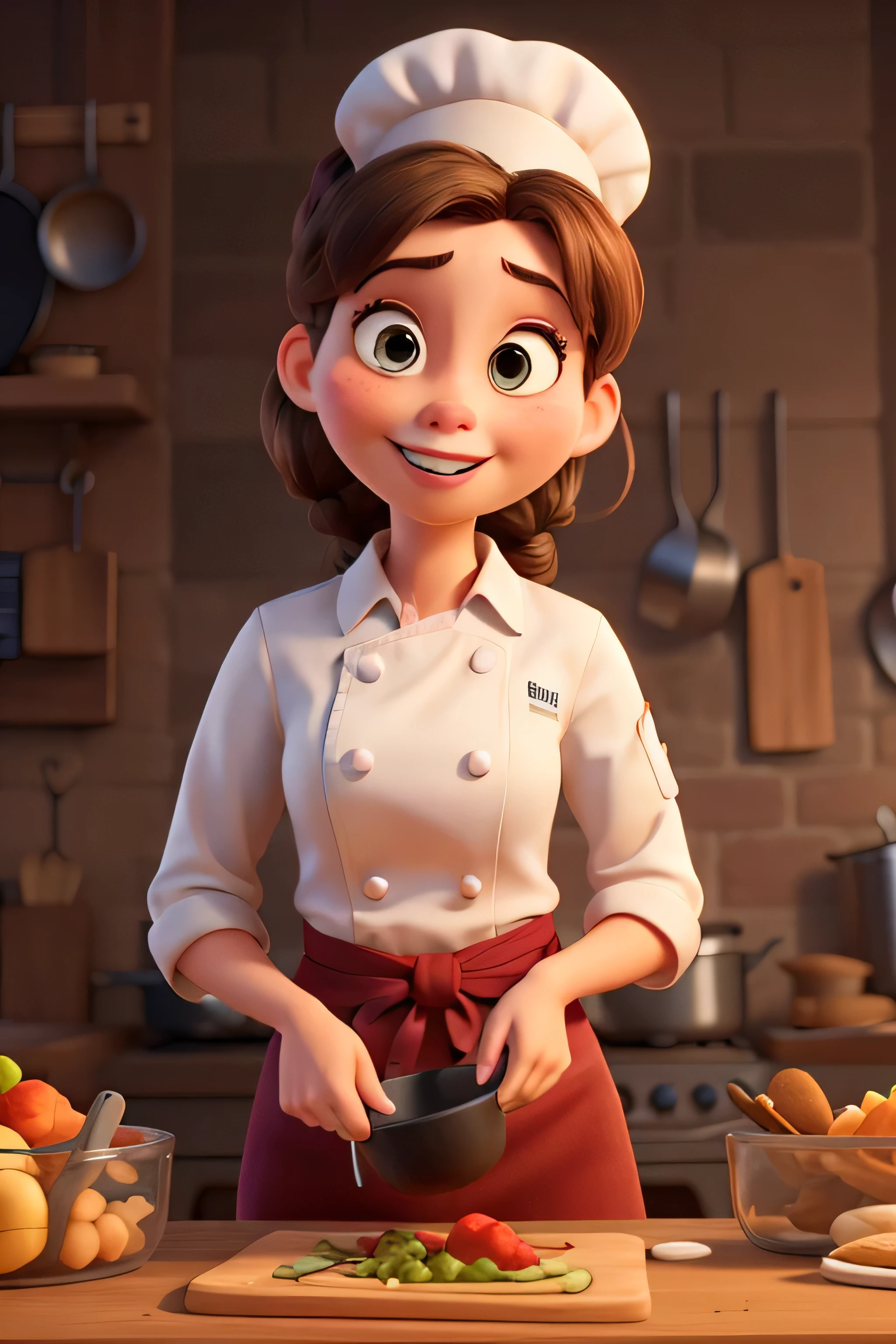 Create a Disney Pixar Poster.  A woman chef, with hair tied up wearing a chef&#39;s bandana, with happy smile, small brown eyes, medium skin tone. She wears small earrings. She is cutting vegetables inside a soup pot on a counter. She wears a white dress with a white apron. There are vegetables and seasonings on the table. 
