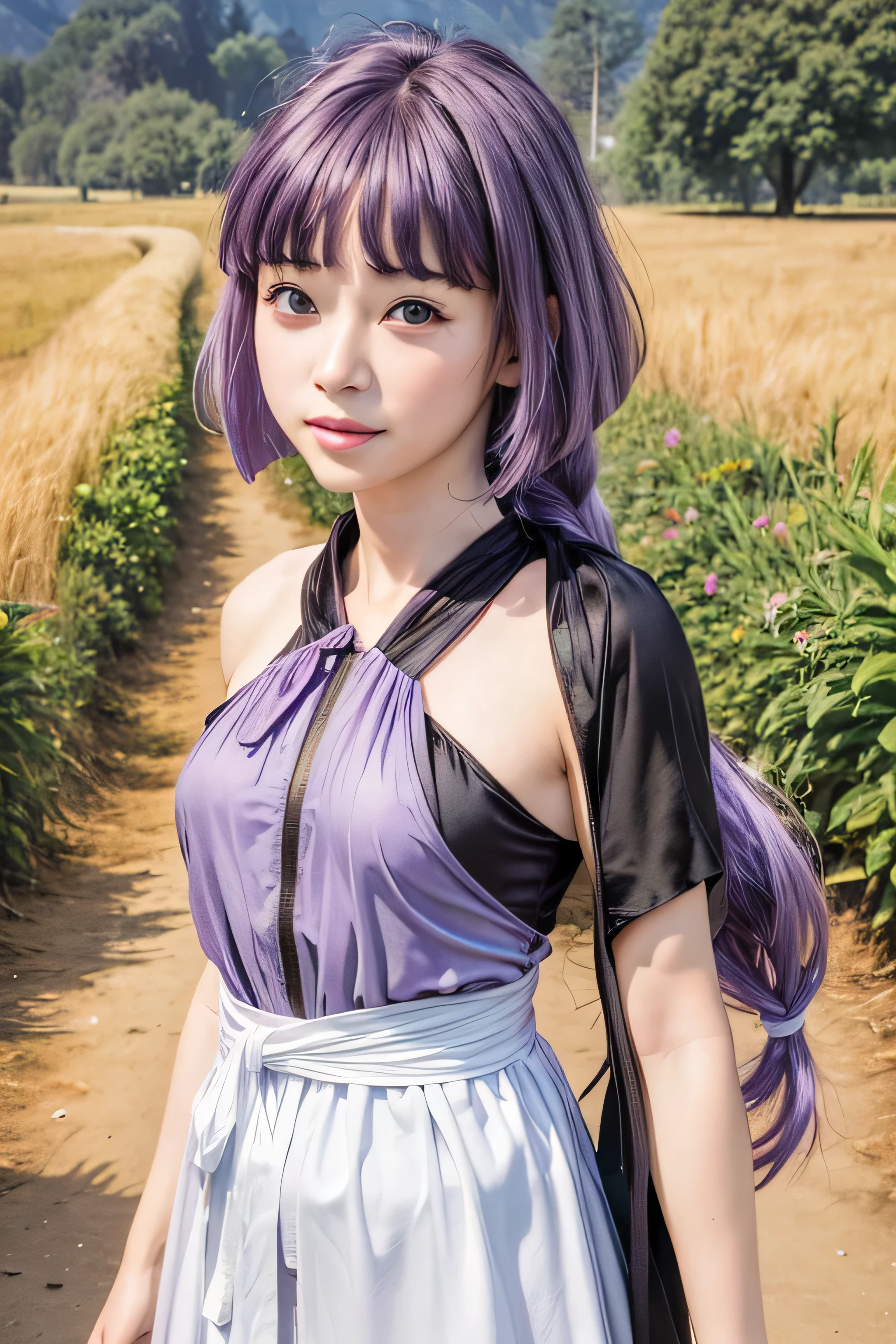masterpiece, best quality, (realistic,photo-realistic:1.4), (RAW photo:1.2), extremely detailed CG unity 8k wallpaper, delicate and beautiful, amazing, finely detail,official art, absurdres, incredibly absurdres, huge filesize, ultra-detailed, extremely detailed, extremely detailkcaled girl,extremely detailed eyes and face, light on face,(little smiles:1.3),long hair,(purple hair:1.3),rooftop,city,small breast,(purple eyes:1.5),sumire kakei,nature,(purple dress:1.5),(robe:1.4)
