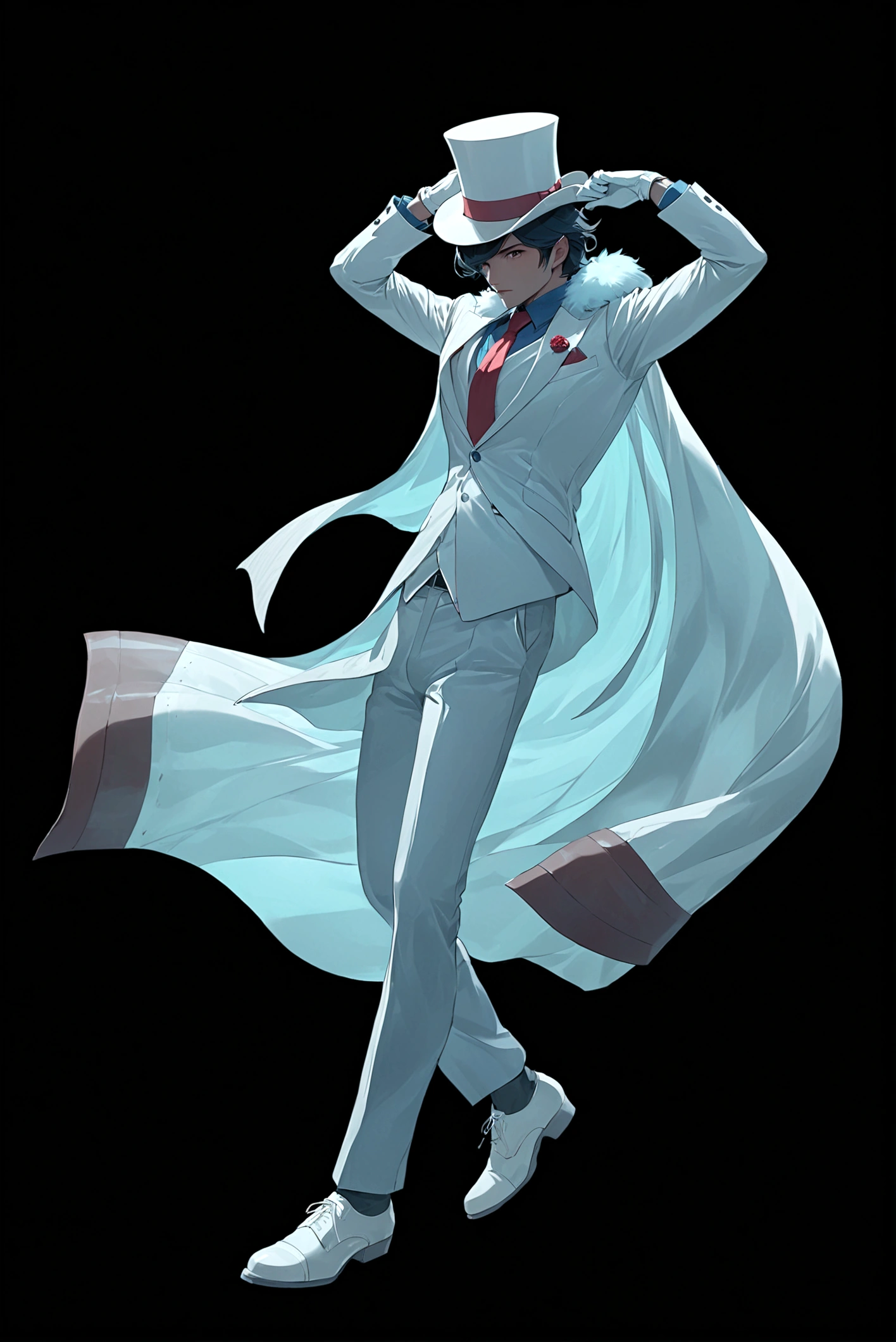 solo, simple background, black hair, shirt, gloves, 1boy, hat, holding, full body, weapon, male focus, necktie, shoes, pants, white gloves, cape, holding weapon, arm up, gun, white headwear, formal, white footwear, suit, red necktie, black background, holding gun, top hat, adjusting clothes, white pants, hand on headwear, white cape, white suit