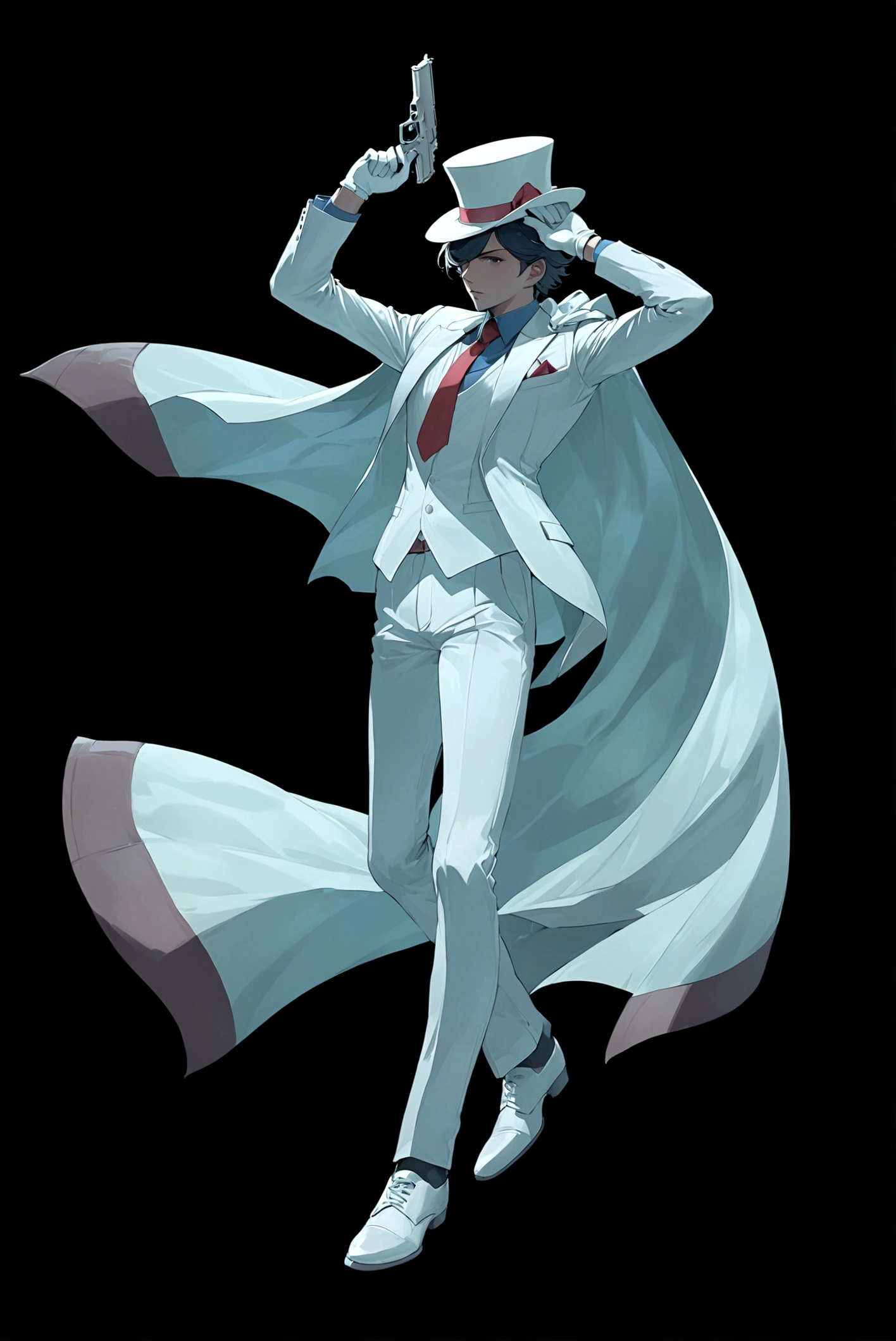 solo, simple background, black hair, shirt, gloves, 1boy, hat, holding, full body, weapon, male focus, necktie, shoes, pants, white gloves, cape, holding weapon, arm up, gun, white headwear, formal, white footwear, suit, red necktie, black background, holding gun, top hat, adjusting clothes, white pants, hand on headwear, white cape, white suit