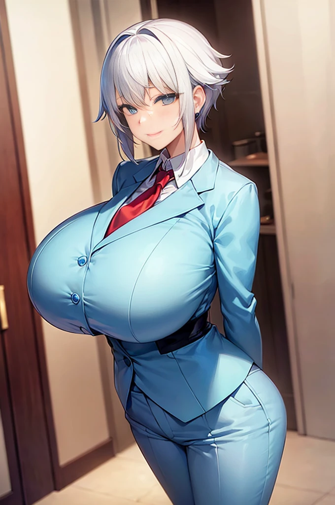 alone、((Huge breasts))、White Hair、Very short hair、blue eyes、Tight waist、student、blazer、slacks、tie、expensive、Red cheeks、Perm、A confident smile