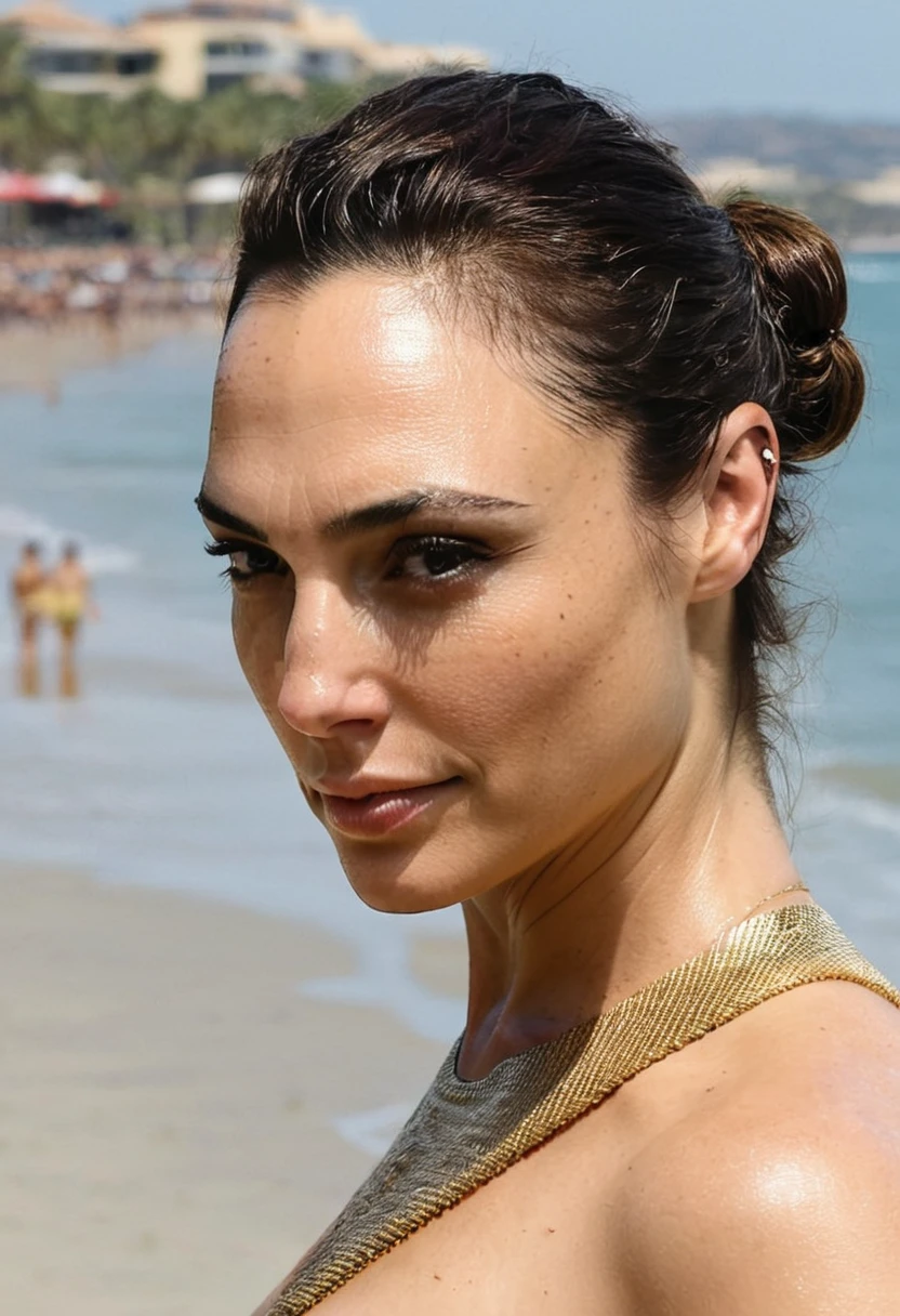 (high quality Erotic celebrity photograph ) (GalGadot , tired look, exhausted , 45yo woman,  on a vacation beach , pale white skin tone ,(  full upper body shot,hair pulled back, hair bun, gold color slik cloth bikini ) photorealistic ) , vacation side ,celebrity erotic photograph , oily skin ,  shiny sweaty skin , celebrity, female, woman, hollywood actress, fleshy muscular woman , ( perfect anatomy ,natural lights, depth of field, insanely detailed skin texture, hyper detailed features, hyper photorealistic texture )