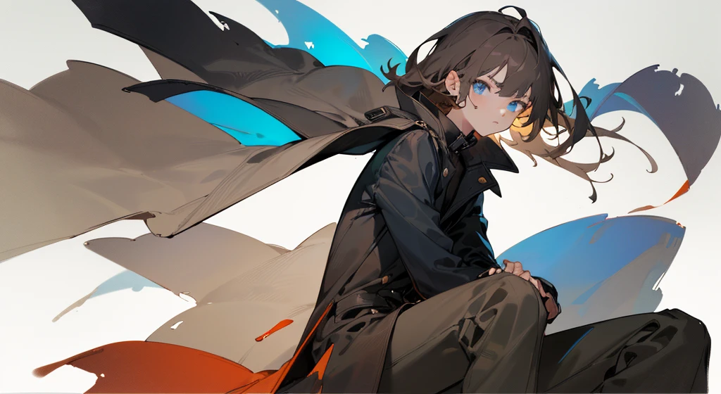 Boy1 oil painting, Short gray hair, bangs on the forehead, eyes behind the bangs, Blue eyes, Wearing a dark brown coat, wearing a black shirt with a long collar covering the neck (blank white background) Half body character image (sitting pose, eyes looking in the other direction) hair blowing in the wind to the left side, A thin smile with thick hair