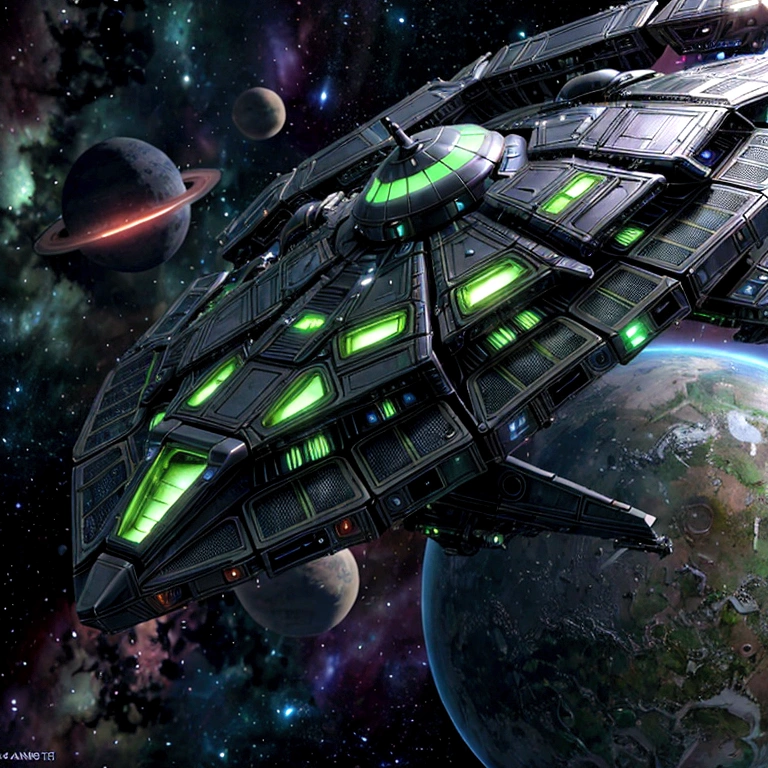 a alien spacecraft, approaching a lush, verdant planet, detailed view of the back of the ship, advanced technology, glowing engines, sleek design, dramatic lighting, vibrant colors, cinematic composition, epic scale, photorealistic, highly detailed, 8k, award-winning, concept art style
