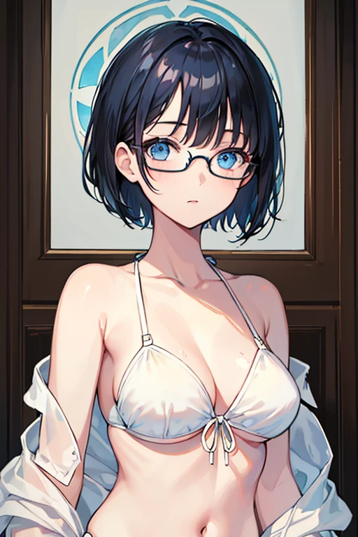 ((Highest quality)), ((masterpiece)), (Familiar), Illustration Style,Perfect Face,1 Girl,Black Hair,Short Hair,Glowing Skin,big, Bright Blue Eyes,Beautiful Bangs,Small breasts,Super Beauty,woman,,White Bikini,Glasses,Beautiful clothes,