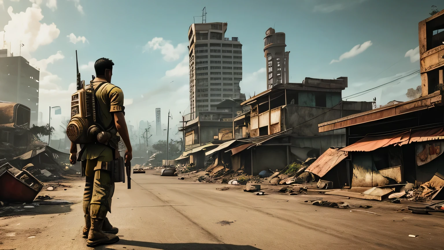 fallout, indonesia theme, post-apocalyptic, jakarta, nation, identic, vernacular, authentic, realistic, indonesia, fallout 4 style, a man glaring at the sky in the city in afternoon