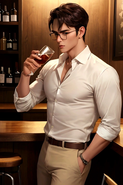 A man wearing white shirt and khaki color pants with dark hair, deep brown eyes, and sharp cheekbones with square jaws, drinking in bar. He's handsome, and wears glasses