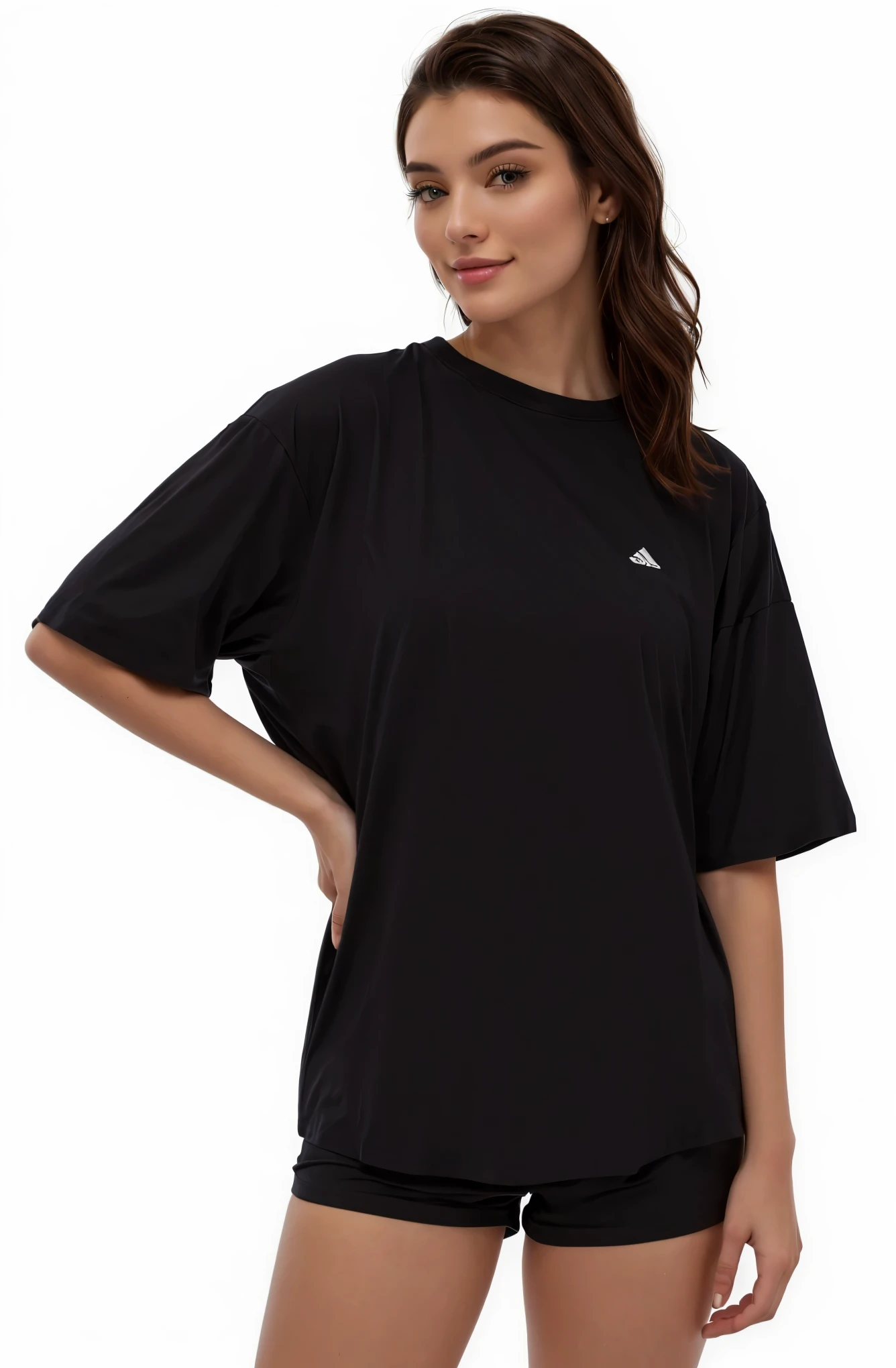 a white woman in a Camisa and shorts posing for a picture, wearing a camiseta, vestindo camiseta, vestindo um preto tshirt, camiseta, camiseta, camiseta, vestindo um camiseta!! camiseta, wearing a Camisa, roupas grandes, Camisa, top, manga larga cropped