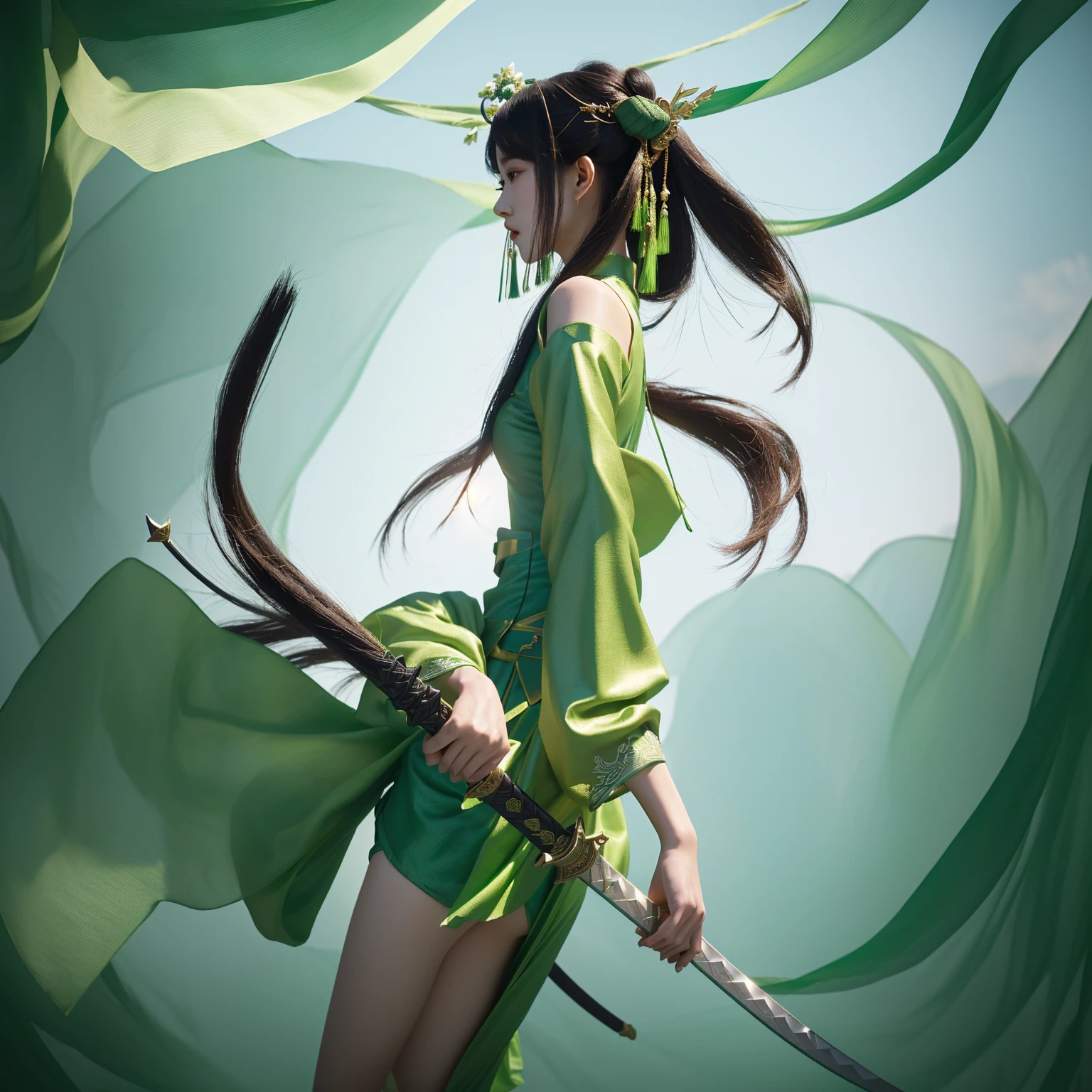 a close up of a woman in a green dress holding a sword, akali, by Yang J, by Leng Mei, bian lian, yun ling, inspired by Li Mei-shu, inspired by Cao Zhibai, inspired by Hu Zaobin, onmyoji detailed art, li zixin, inspired by Cao Buxing, xianxia hero