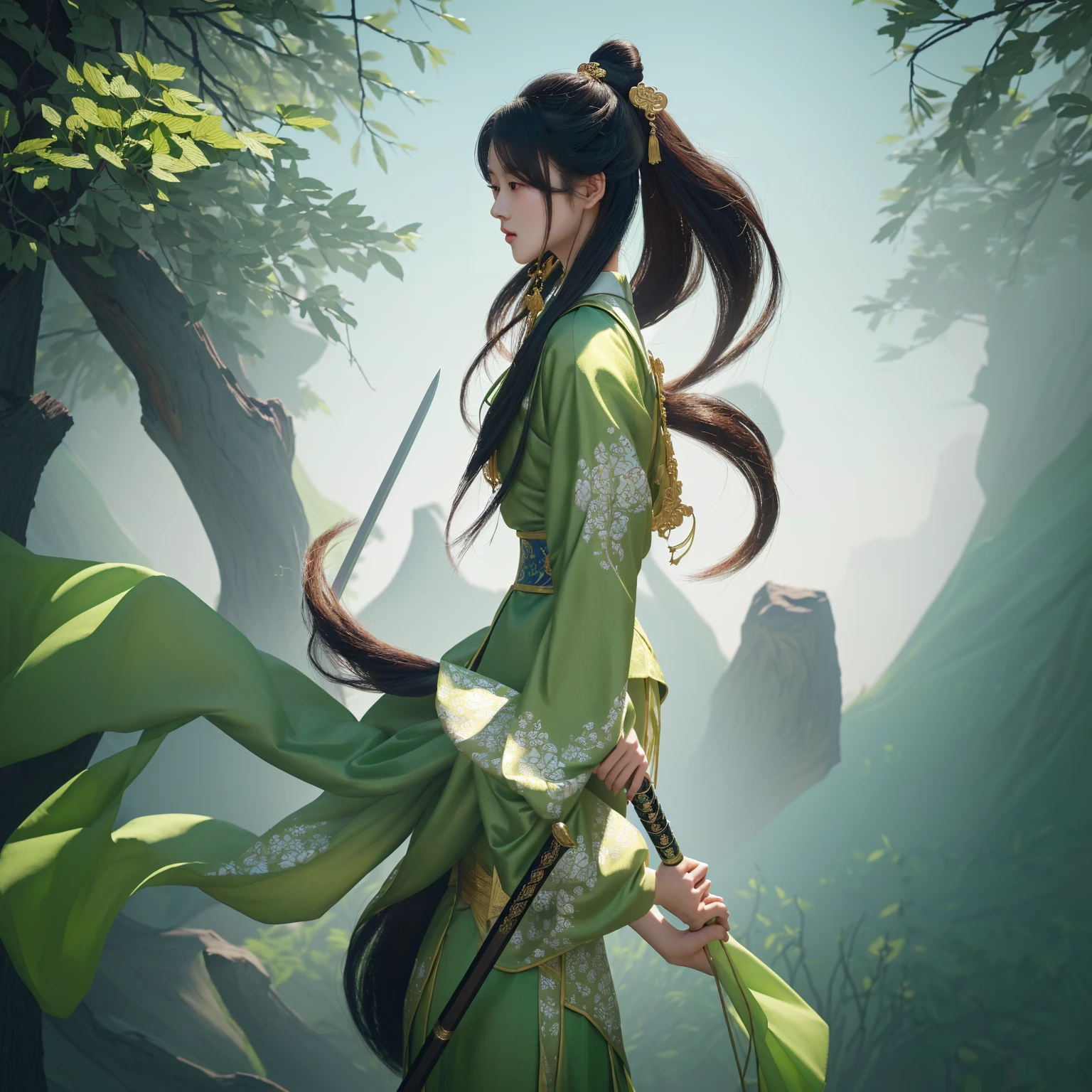 a close up of a woman in a green dress holding a sword, akali, by Yang J, by Leng Mei, bian lian, yun ling, inspired by Li Mei-shu, inspired by Cao Zhibai, inspired by Hu Zaobin, onmyoji detailed art, li zixin, inspired by Cao Buxing, xianxia hero