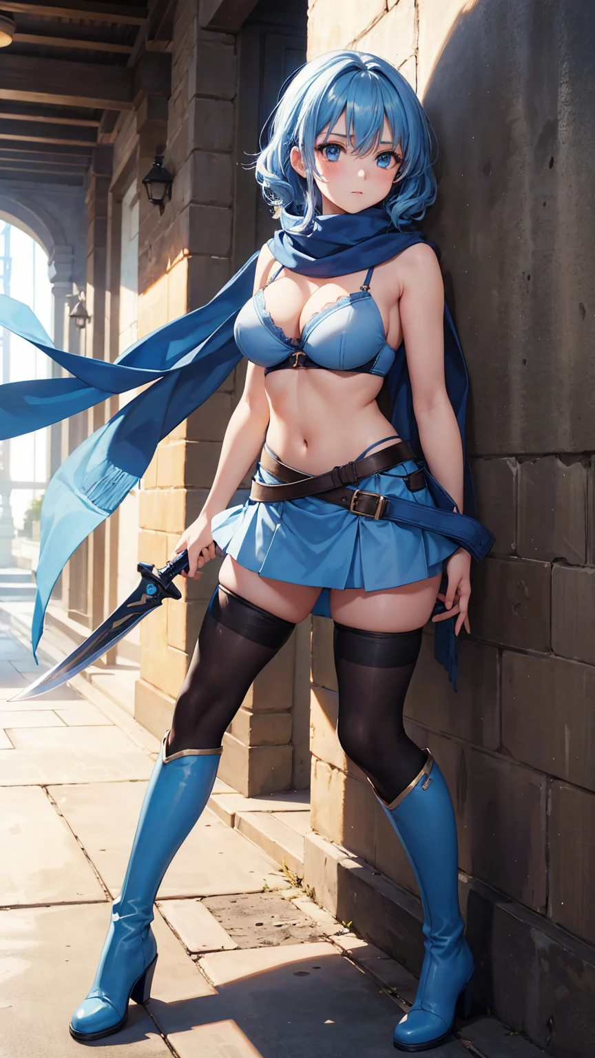 1girl,have a big sword,blue hair, curly medium hair,light blue eyes, navy long Scarf,blue brassiere,blue miniskirt,light blue Pantyhose,blue long boots,masterpiece, best quality, high quality