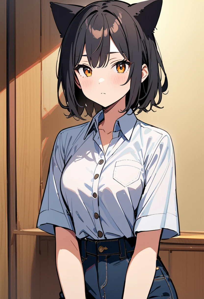 (Thick painting style),Thick line drawing, ((masterpiece,)),(((Highest quality))),(sketch),((Adult women in their 20s)),Short black hair,Black cat ears,T-Shirts,jeans,(((Serious face,Character Portrait,Full Art)))