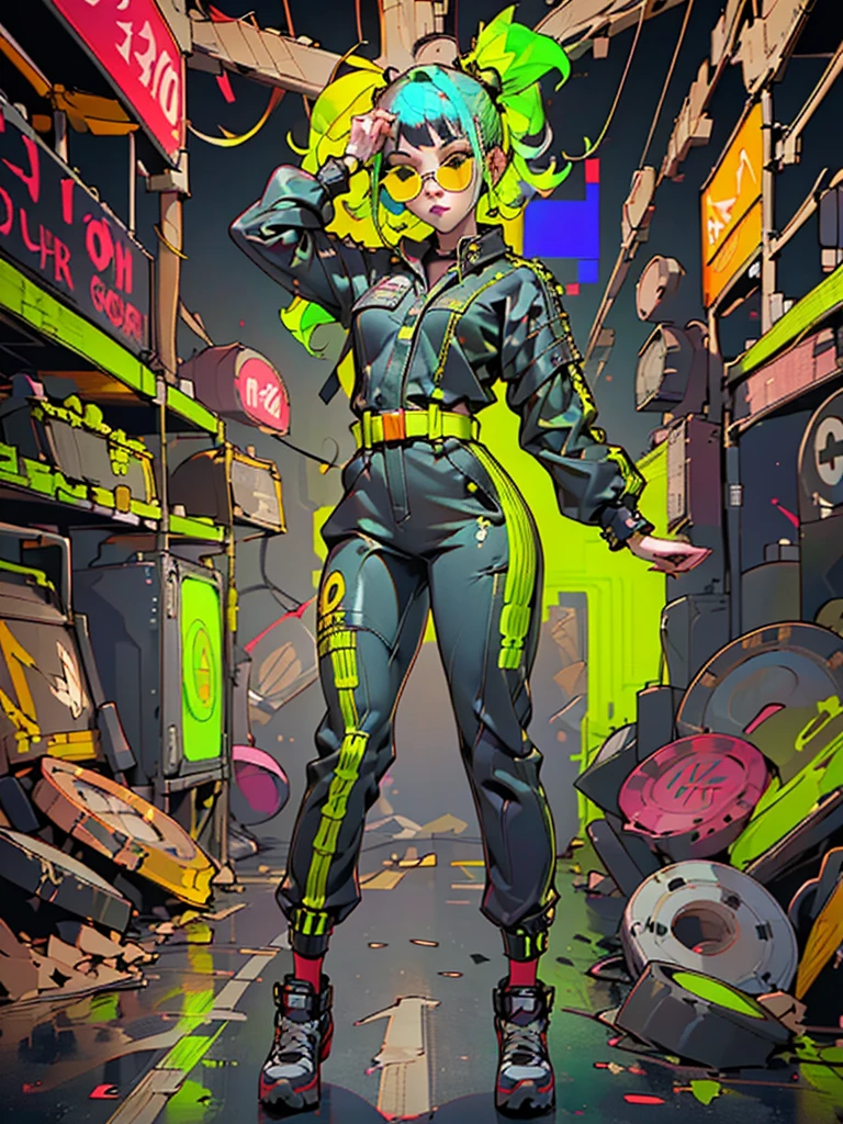 Black workwear jumpsuit、Costume with glowing yellow-green linesを着た女性, cyber punk, Punk Rock, Mosh Pit, (Highest quality,4K,8K,High resolution,masterpiece:1.2),Live Stage、Costume with glowing yellow-green lines、Large sunglasses,Punkish hairstyle、Full body portrait