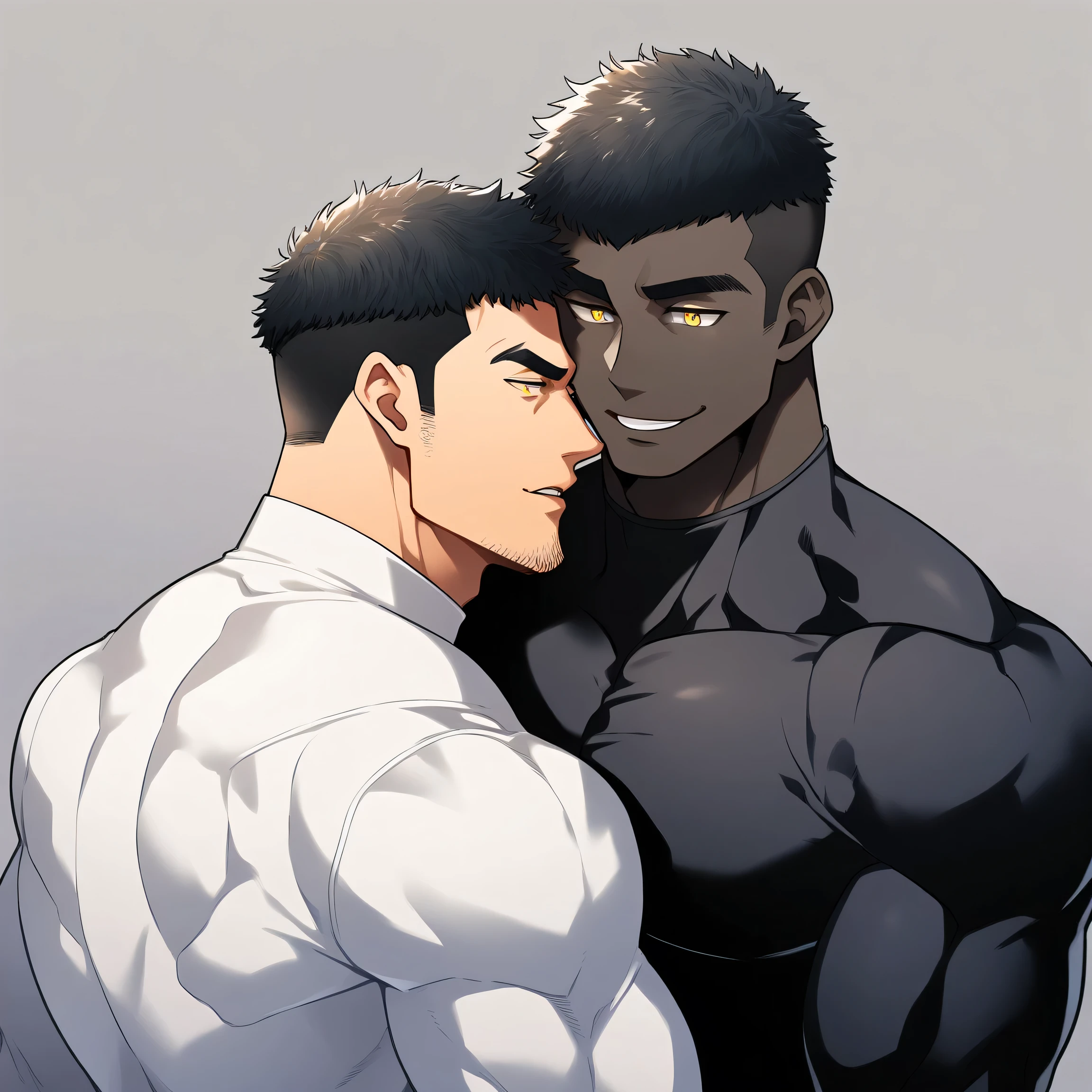 anime characters：Two superheroes in tights, Muscle superhero, negro black skin, They hugged and kissed each other, Bite your neck, Caress, Manliness, male focus, Yellow and black high collar long sleeve tight T-shirt, Slightly transparent material, Very tight, Round, full and perky chest muscles, Muscle waist, Slightly transparent, muscular male, muscular, only, Upper body, alone, Black short hair, Thick eyebrows, stubble, Yellow eyes, Grey background, simple background, amazing quality, best aesthetics, Ridiculous, bright pupils, crew cut, parted lips, seductive smile, torogao, naughty face, drop shadow, best quality