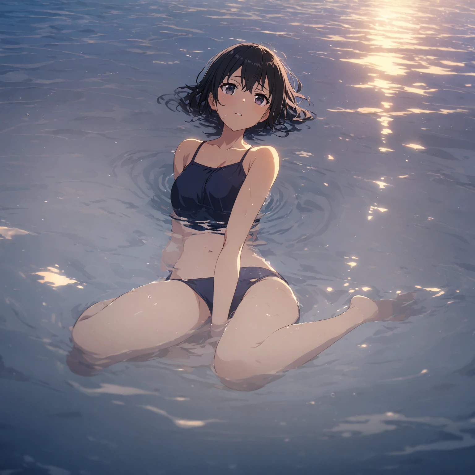 1girl、afloat、Black Hair、Navy blue swimsuit、Ocean、Oceanに浸かる、evening、Reflection on the water、deep faint light 、 detailed CG、high resolution