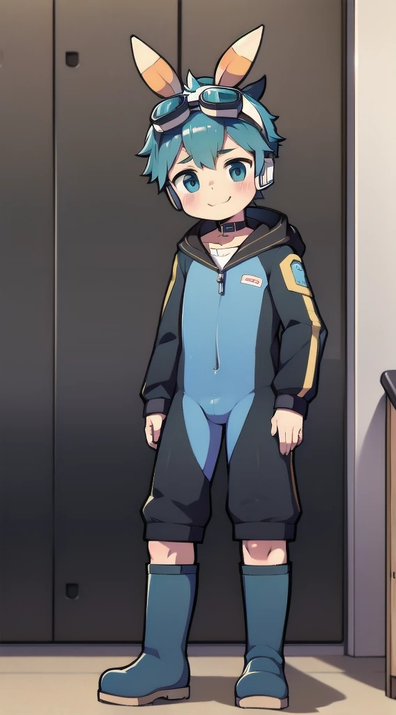 2D Boy Shota,One-piece mountaineering suit,Slim, healthy body,Put the headphones on your head,stand up,goggles,Rabbit ears,happy,Sailor collar,tie,Zipper pulled down,boots,pant